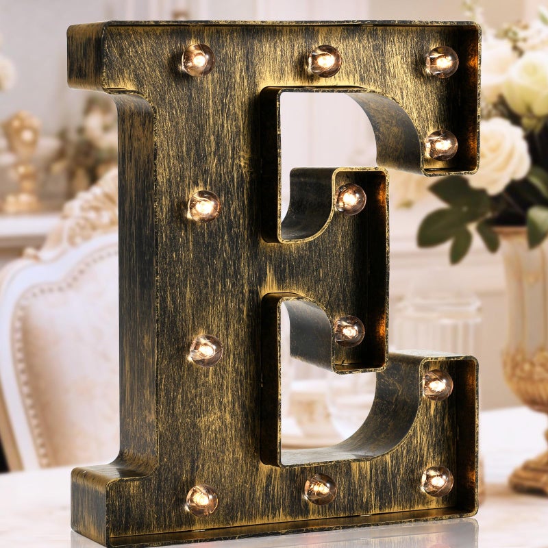 OYCBUZO Golden Black Led Marquee Letter - Industrial, Vintage Style Light Up Alphabet Letter Sign for Cafe Wedding Birthday Party Christmas Lamp Home Bar Initials Decor - E - Image 1